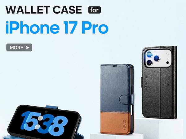 TUCCH Case Wallet for iPhone 17 Pro, TPU Shockproof Shell Stand PU Leather Stand Protective Cover