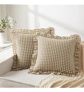 KKJIAF Ruffle Plaid Euro Sham Pillow Covers 20 x 20 Inches, Cotton Gingham Pillow Cases Set of 2,...