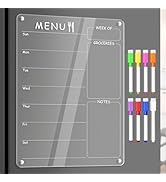 Acrylic Menu Board for Kitchen Weekly Meal Planner Magnetic Planning Board w/ 8 Markers, Clear We...