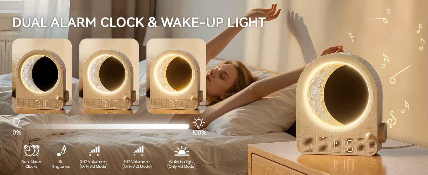 Dual alarm clock and wake-up light with wooden base and circular LED display. Features multiple light settings, nature sounds, and FM radio. Shown in use on bedside table.