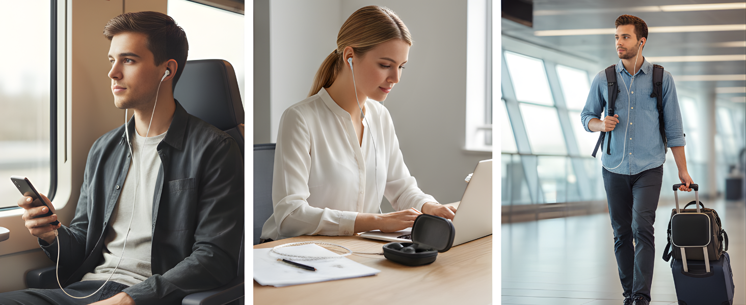 Silver wired in-ear earbuds lifestyle listening scene