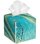 Leather Tissue Box Holder Turquoise and Gold Liquid Marble Tissue Box Cover Facial Paper Case Org...