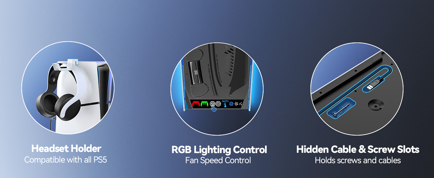 Three circular product feature icons showing headset holder, RGB lighting control, and hidden cable management features.