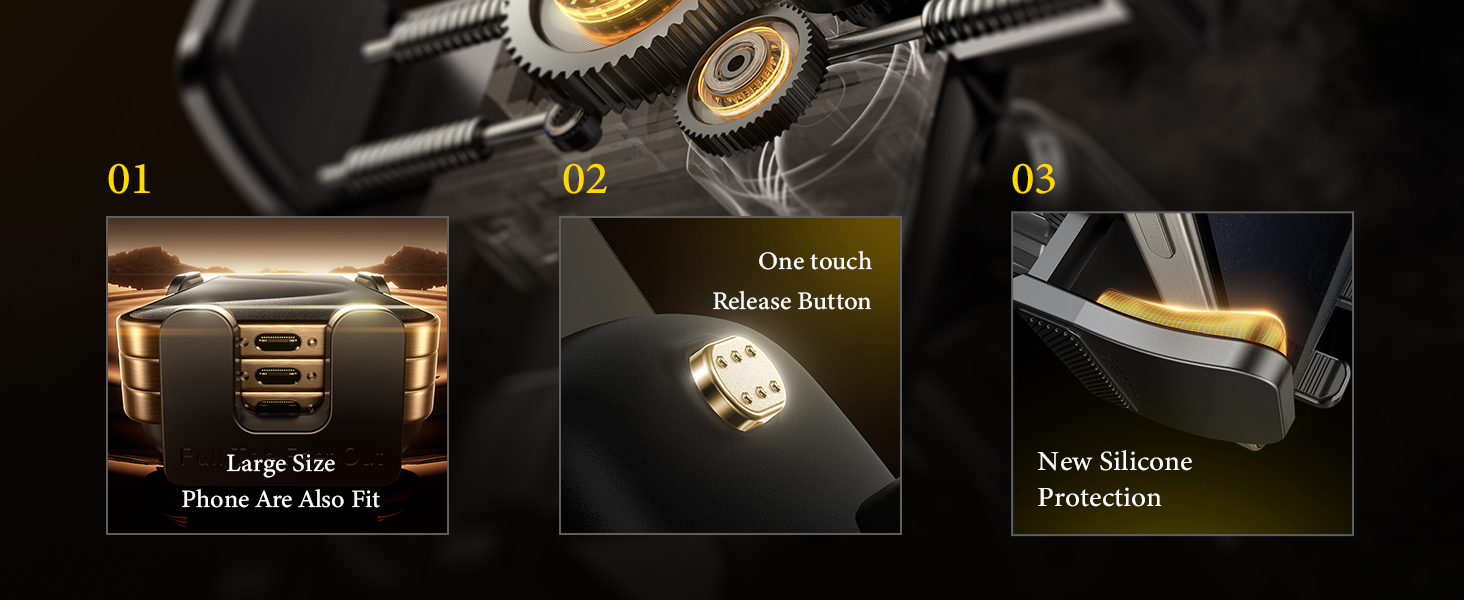 Three technical feature highlights showing numbered panels with metallic components and protective