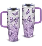 xiiai Butterfly Gifts for Women 30oz Purple Butterfly Tumbler with Handle and Straws Stainless St...