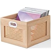 LELELINKY Vinyl Record Storage Crate, Rattan Vinyl Record Holder with Handle, Natural Wood Record...