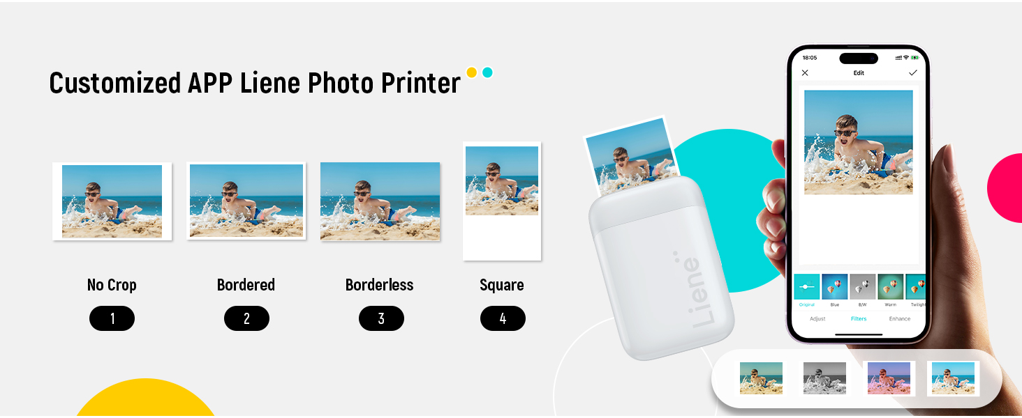 Portable photo printer system with smartphone app interface, showing editing options and wireless printing capabilities.