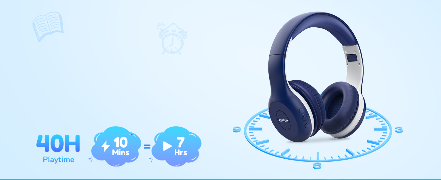 Wireless over-ear headphones with navy blue and white design. Features include 40-hour playtime, 10-minute quick charge, and 7-hour battery life, displayed with circular blue timer graphic.