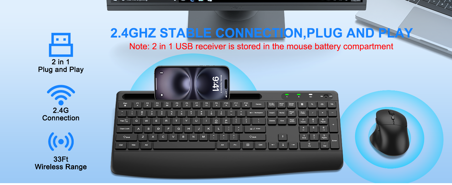 Wireless Keyboard and Mouse, Comfort Ergonomic Palm Rest Keyboard Mouse Combo Phone Holder