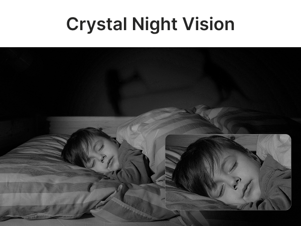 Split-screen night vision image showing two sleeping children in bed. Image appears in shades of grey, typical of infrared night vision technology.