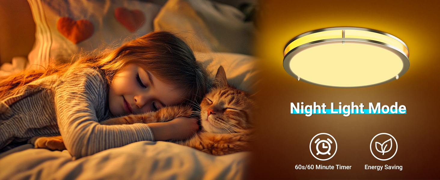 &amp;#39;Night Light Mode&amp;#39;. Image shows bedroom scene with ceiling light fixture glowing warmly