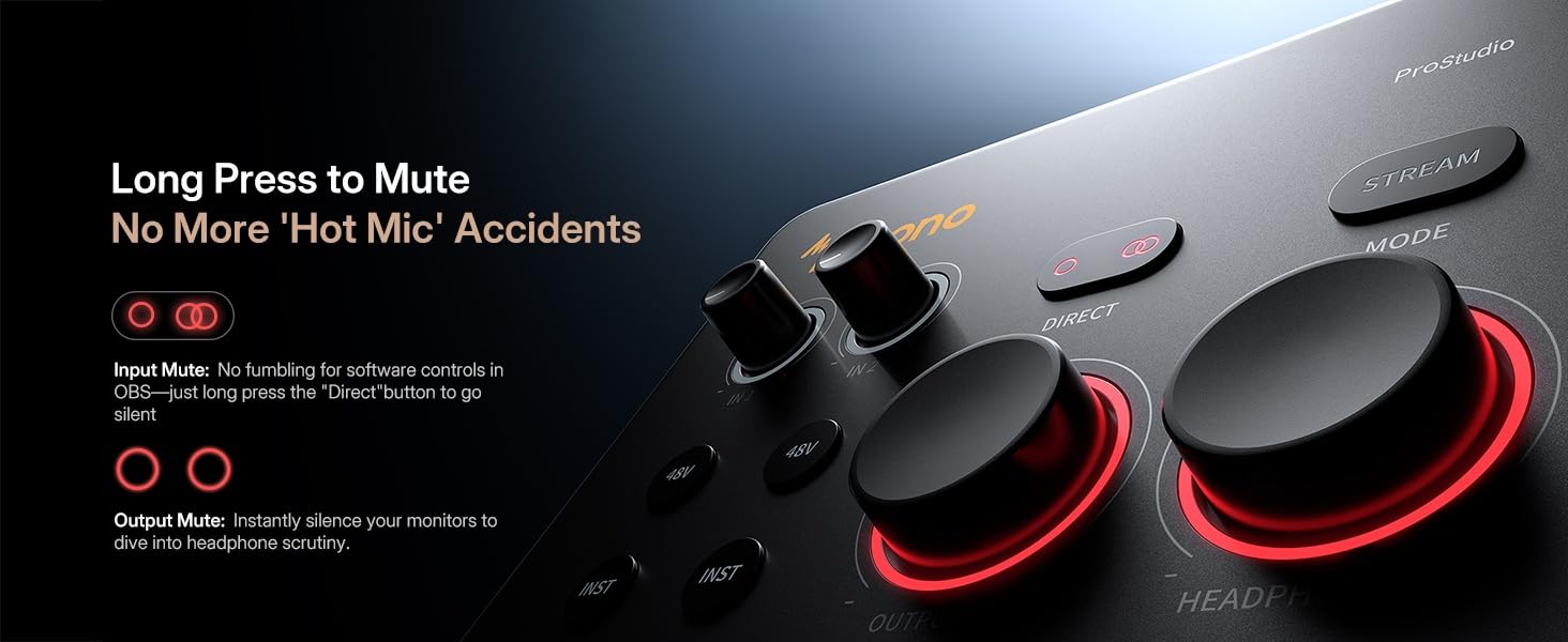 Maono P2 audio interface long press to mute input and output instant mute function