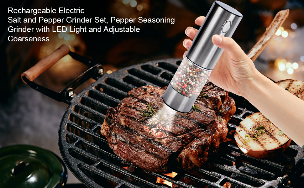 Rechargeable electric pepper grinder with LED light used for seasoning steak on grill