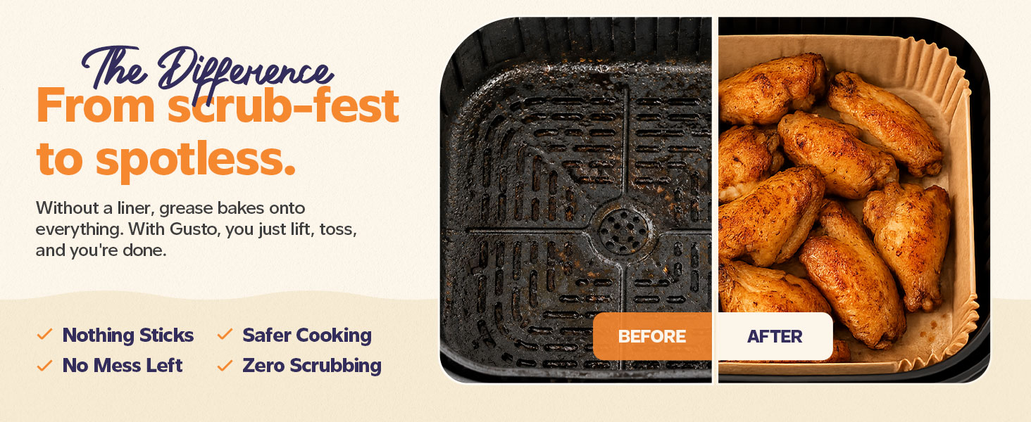 Before and after air fryer basket showing no mess cleanup with Gusto disposable liners
