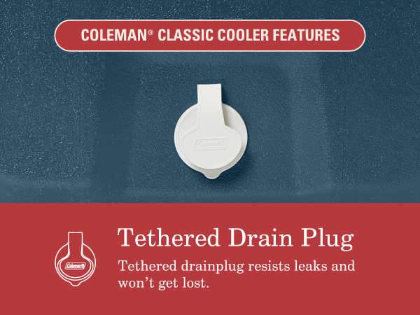 coleman classic cooler feature tethered drain plug navy white resist leak lost easy nice best clean