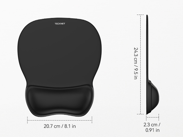 Black ergonomic mouse pad with wrist rest. Top and side views show dimensions: 20.7 cm wide, 24.3 cm long, 2.3 cm thick. TeckNet logo visible.