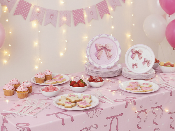 Pink Bow Party Plates and Napkins Supplies
