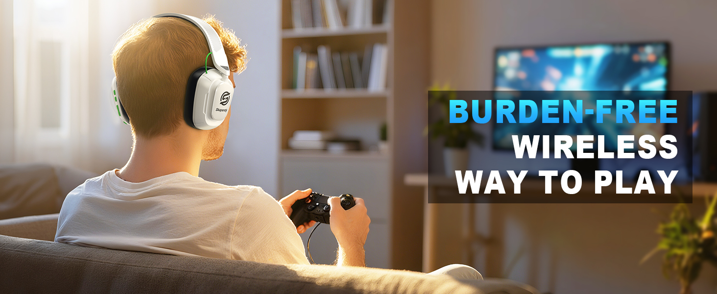 Text reads 'BURDEN-FREE WIRELESS WAY TO PLAY'. Shows someone wearing gaming headphones while seated on a couch, viewing a screen.