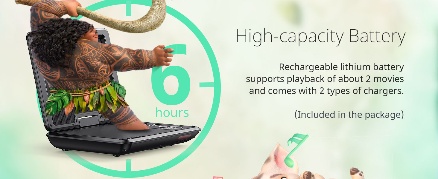 Infographic showing laptop battery feature. Text indicates 'High-capacity Battery' with '6 hours' lifespan, rechargeable lithium battery supporting playback of about 2 movies.