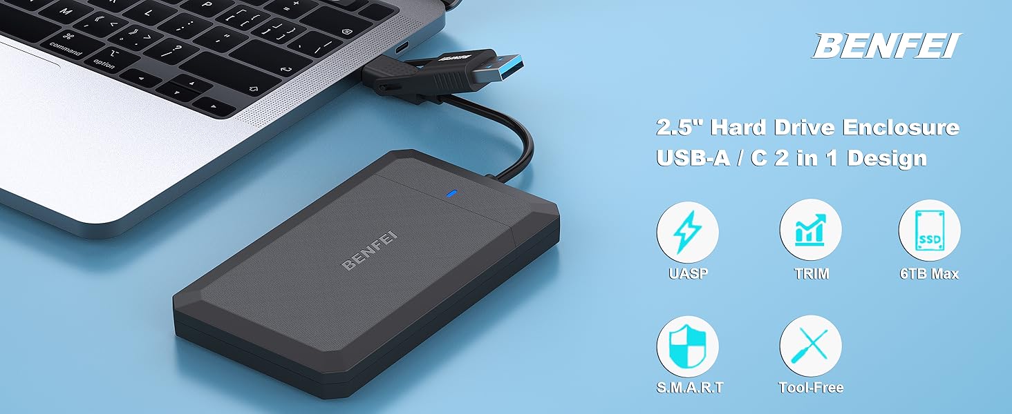 BENFEI external hard drive enclosure connected to a laptop. Product features include 2.5" drive compatibility, USB-A and USB-C ports, and tool-free design.