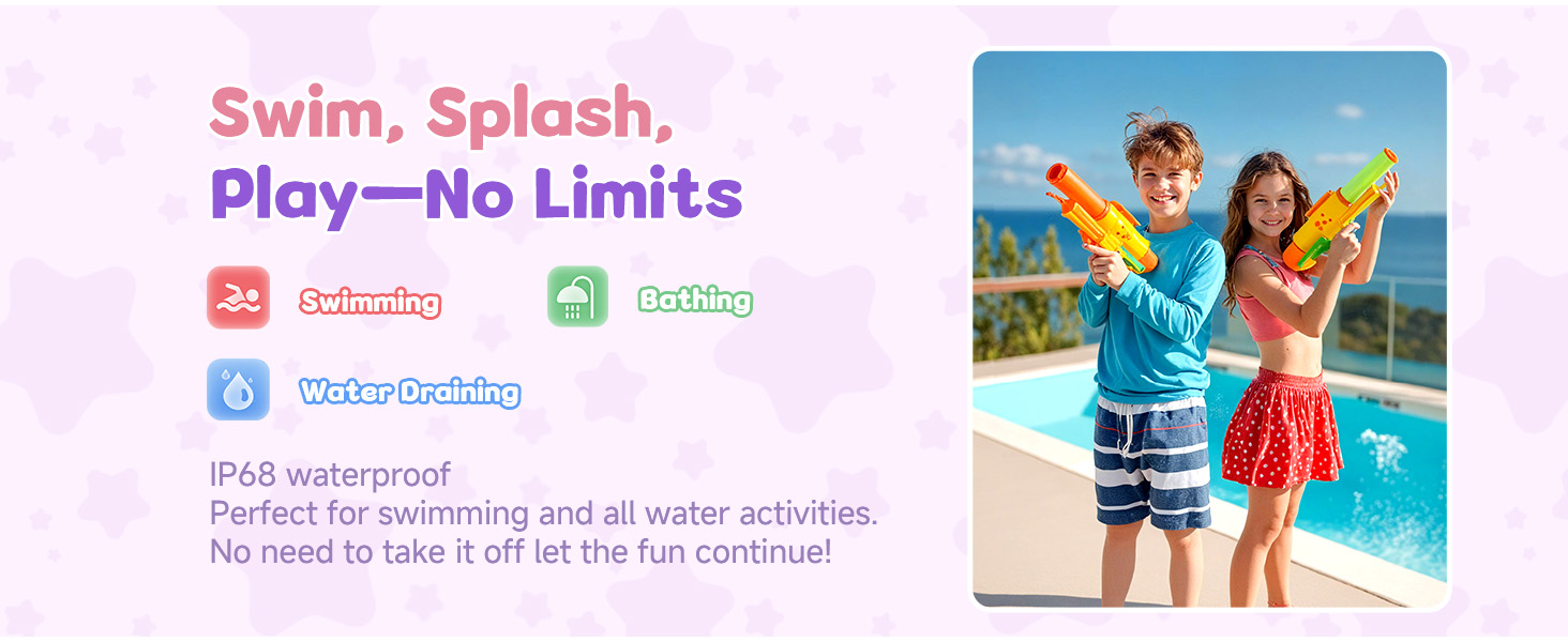 Marketing image for waterproof product. Text highlights swimming, splashing, and water-related activities. IP68 waterproof rating mentioned. Image shows children playing with water guns by pool.