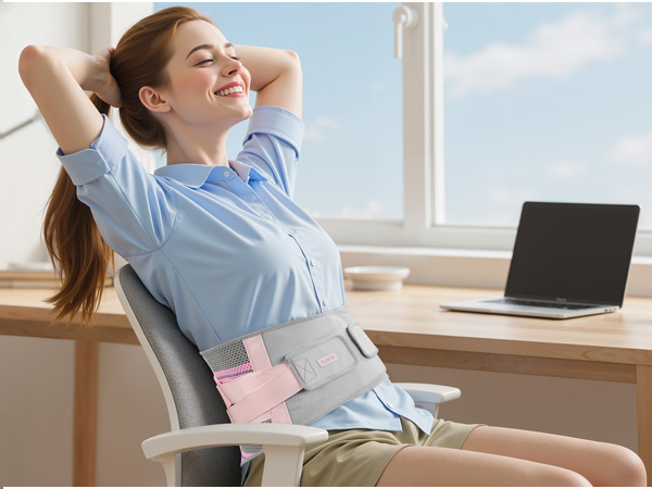 Person in light blue shirt relaxing in office chair with laptop on desk, demonstrating comfortable seated posture with hands behind head.