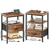 SUPERJARE Nightstand Set of 2, Bed Side Tables with Charging Station, Adjustable Fabric Drawer, N...