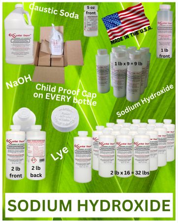 Sodium Hydroxide NaOH Lye Caustic Soda collage sizes U.S.A. Made
