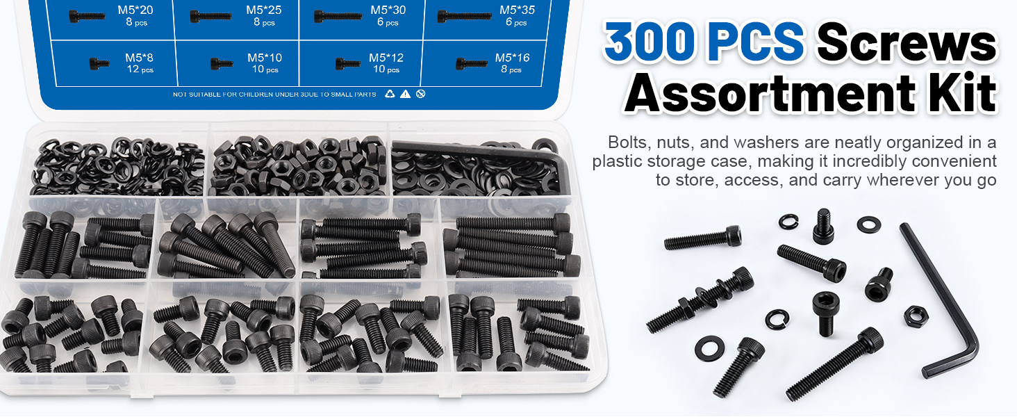 DFDU 300PCS 12.9 Grade Alloy Steel M5 Hex Socket Head Bolts Assortment Kit