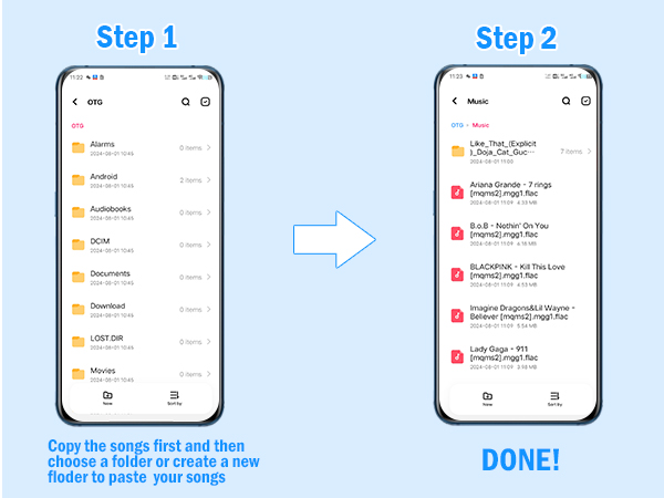 The OTG cable transfers songs from the phone to the mini music player