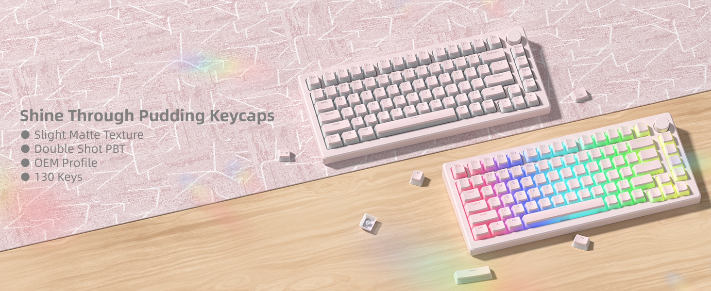 Womier Pudding Keycaps, Black PBT Keycaps 60 65 75 100 Percent 130 Keys, Shine Through Key Cap