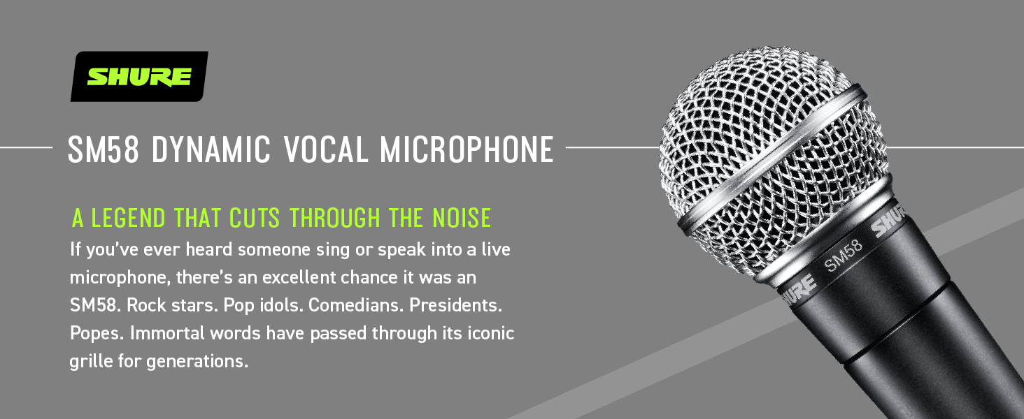 Shure SM58 Cardioid Dynamic Vocal Microphone with Pneumatic Shock Mount, Spherical Mesh Grille