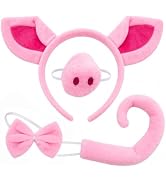 Tedercle 4 Pieces Pig Ears Headband Costume Accessories Set – Pink Pig Ears Headwear, Nose, Curly...