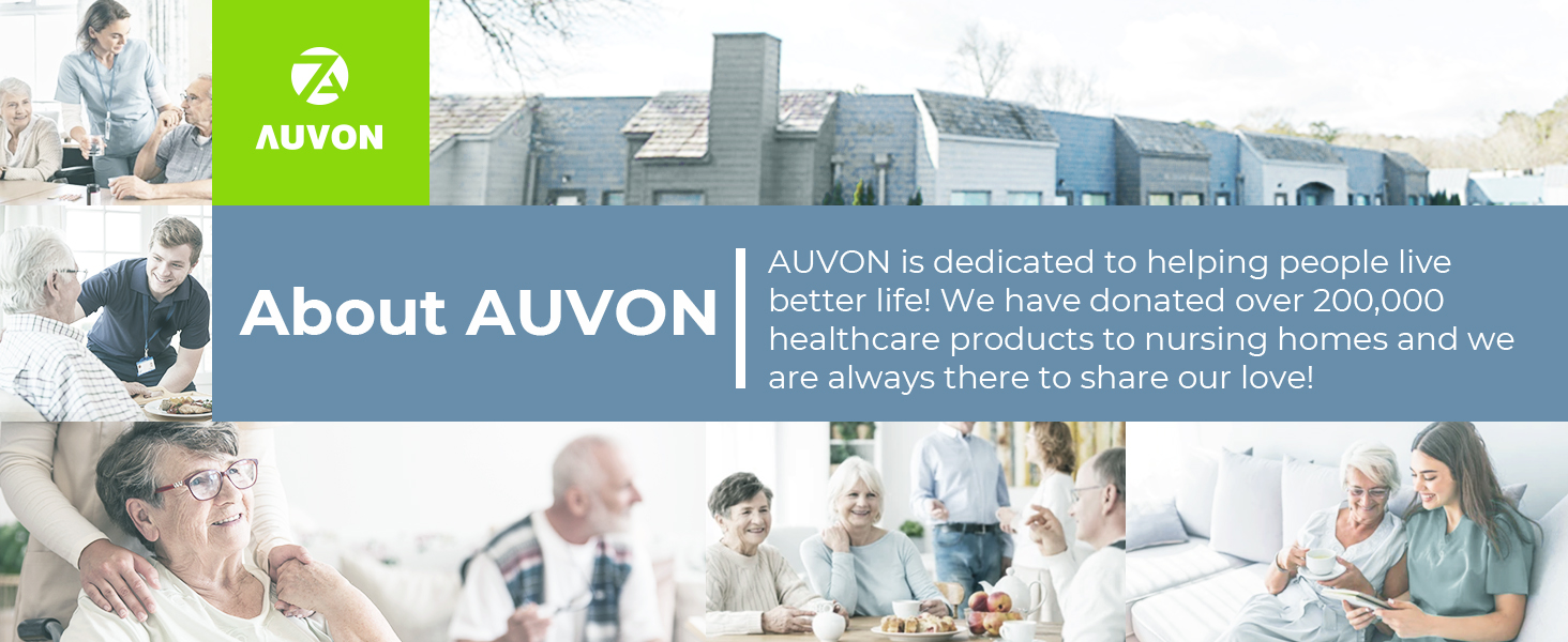 AUVON company overview banner featuring healthcare settings and text about donating 200,000 medical products to nursing homes.