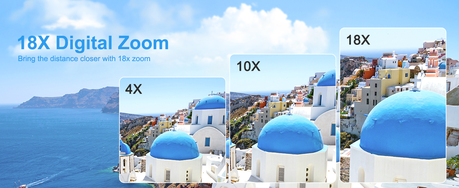 Get 18X closer to your subject. Capture distant scenes and close-up details easily.