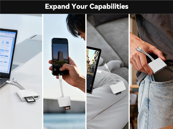 SD and TF Card Reader with USB Port for iPhone iPad Mac Lightning & USB-C Dual Connector