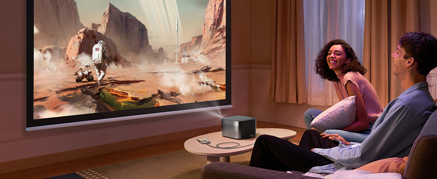 Home entertainment setup showing large-screen display with dramatic gaming or movie scene, featuring vibrant colors and action sequences.