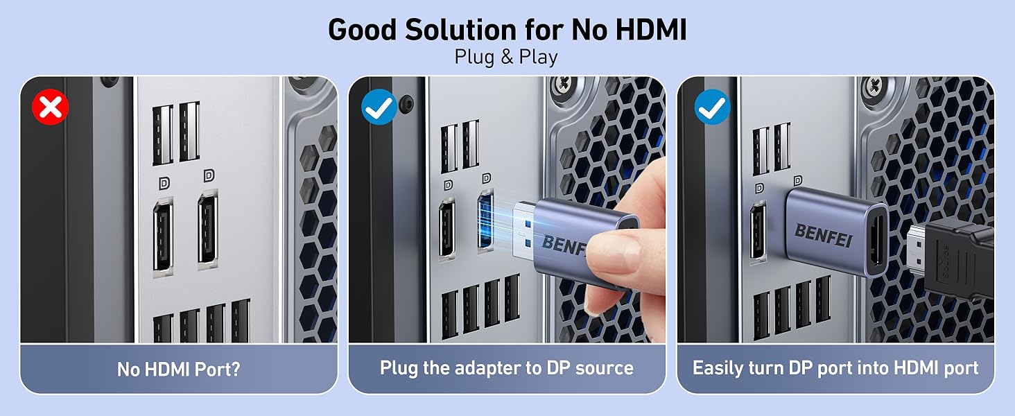 Text reads 'Good Solution for No HDMI'. Three-panel instructional diagram showing computer port access and cable insertion steps with blue checkmark indicators.
