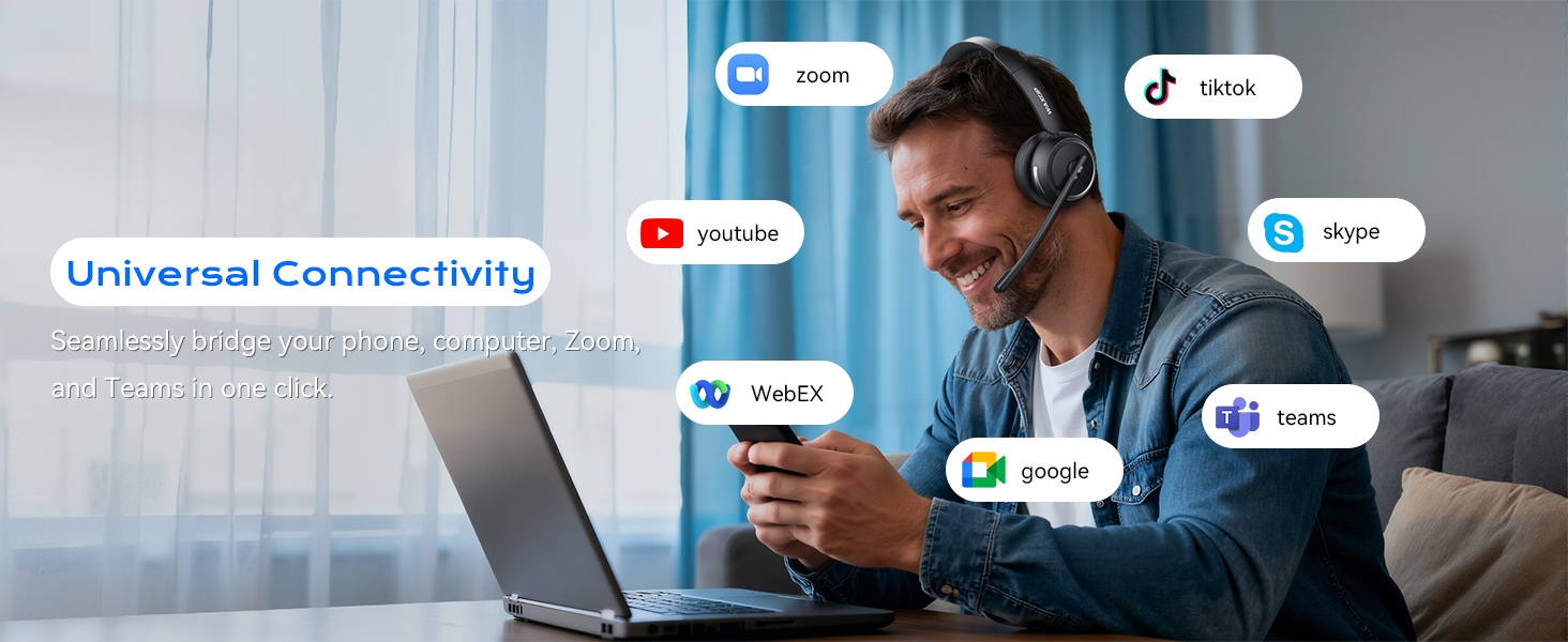 This wireless headset with mic for work is compatible with mainstream meeting apps