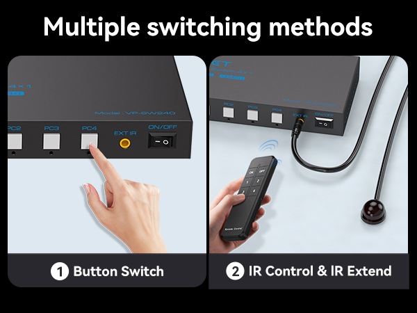 Electronic device switching methods showing button control and IR remote options with extender capability.