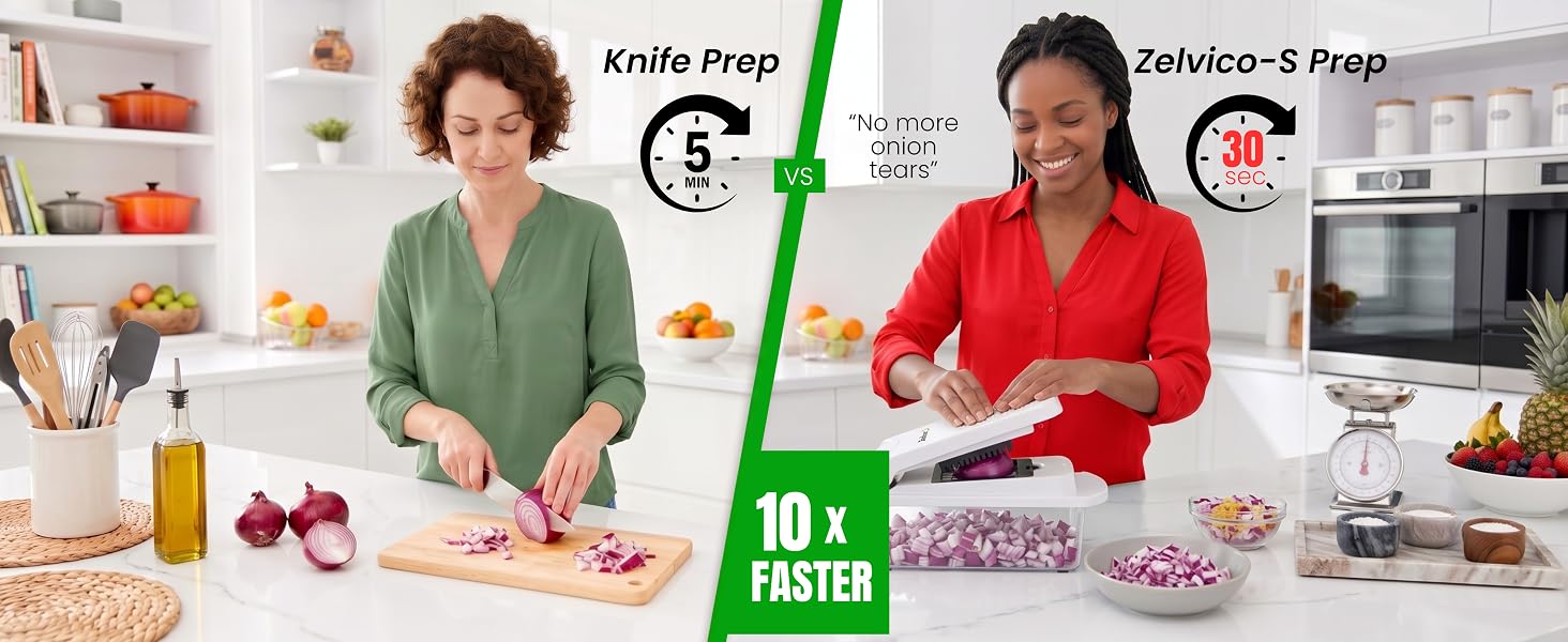 Zelvico-S vegetable chopper compared to knife chopping for faster and easier meal prep.