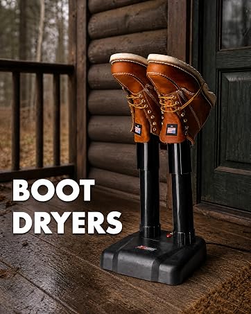 A pair of work boots drying on a boot dryer on porch of hunting cabin