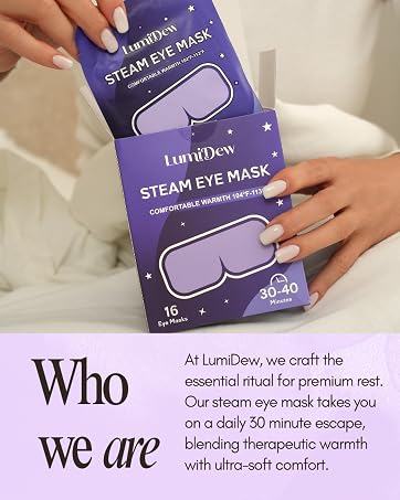 Woman holding LumiDew steam eye mask for relaxation and eye relief.