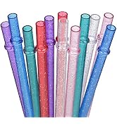 Dakoufish 11 inch glitter clear 12 piece reusable straw replacement plastic straw for 16 oz 18oz ...
