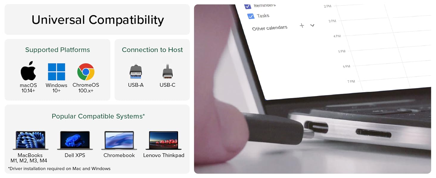 computer docking station works with Windows, ChromeOS via USB-A/C on popular laptops