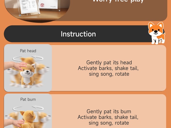 Text reads 'Instruction' with two panels showing 'Pat head' and 'Pat bum' with instructional text 'Gently pat its head/bum Activate: blink, shake, tail, sing song, rotate'.