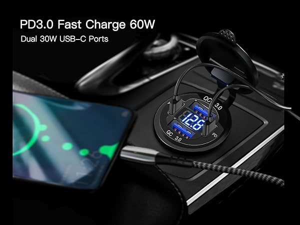 12V USB Outlet Aluminum Charger 78W Multiple USB Port for Car USB C Cigarette Lighter Replacement