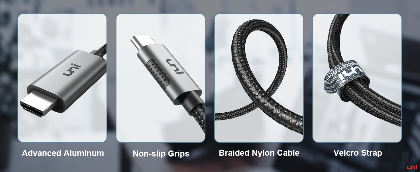 Four-panel image showcasing cable features: aluminum connector, non-slip grips, braided nylon cable, and velcro strap. Each panel labeled with corresponding feature.