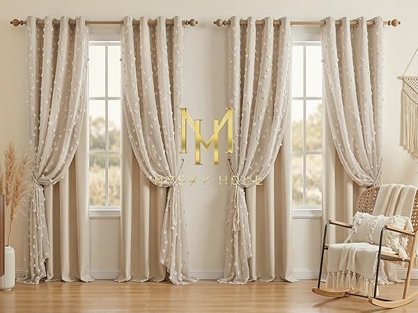 MYSKY HOME Beige Pom Pom Sheer and White Curtains