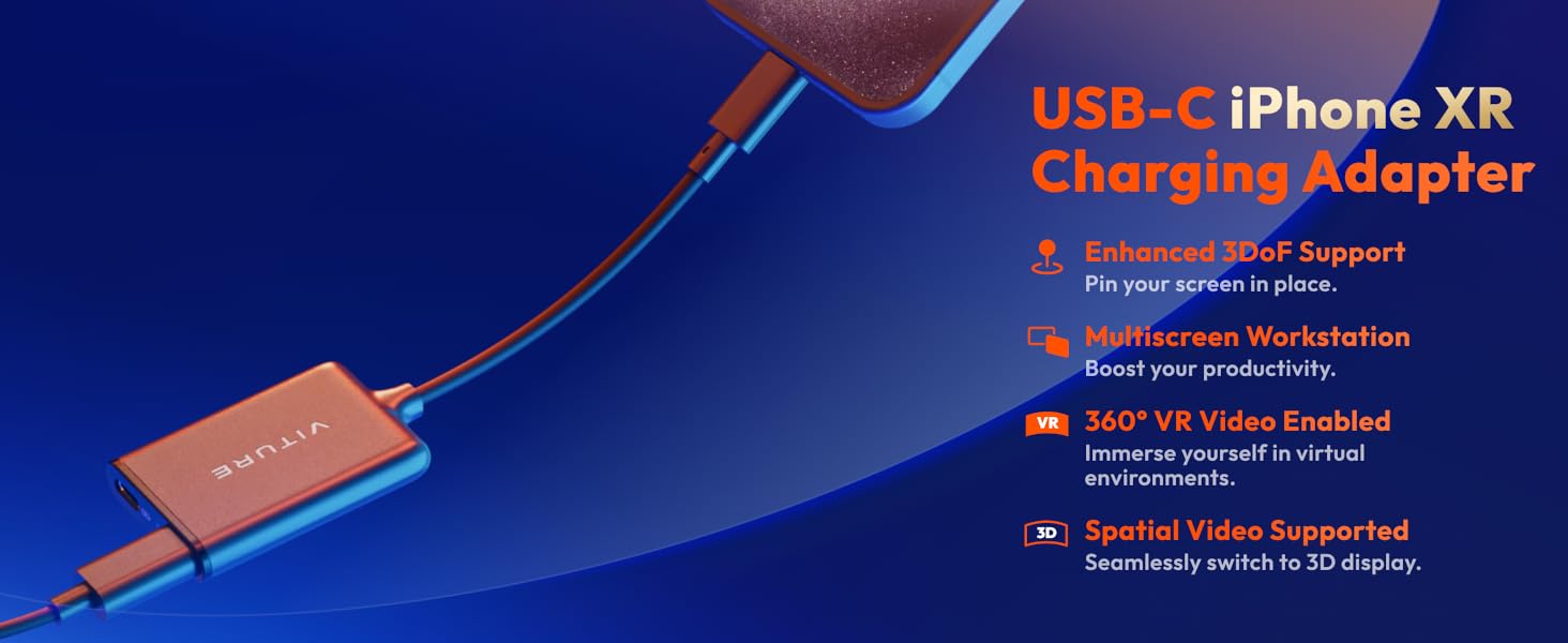 USB-C iPhone XR charging adapter promotional image showing coral-colored device with feature descriptions on dark blue background.